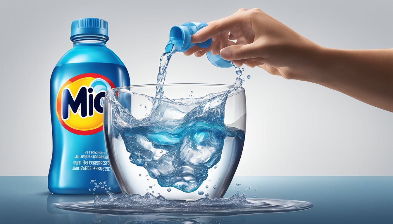 A bottle of Mio Liquid Water Enhancer being squeezed into a glass of water, with the liquid overflowing