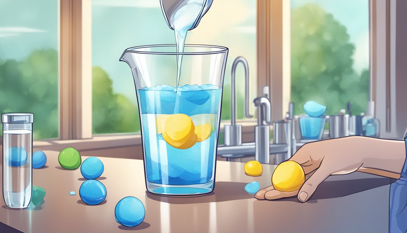 A person pouring multiple scoops of electrolyte powder into a glass of water