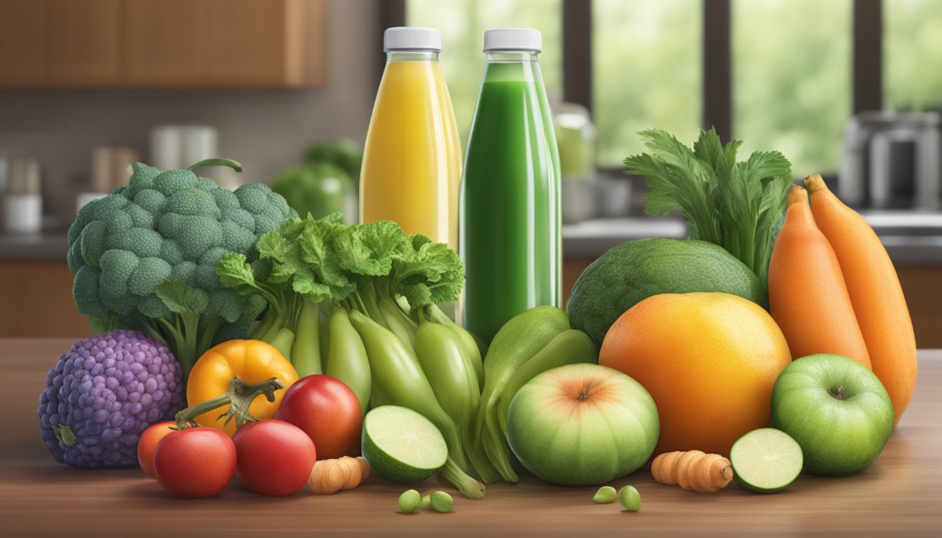 A variety of fruits and vegetables arranged on a table, with a bottle of Superieur Electrolytes in the background