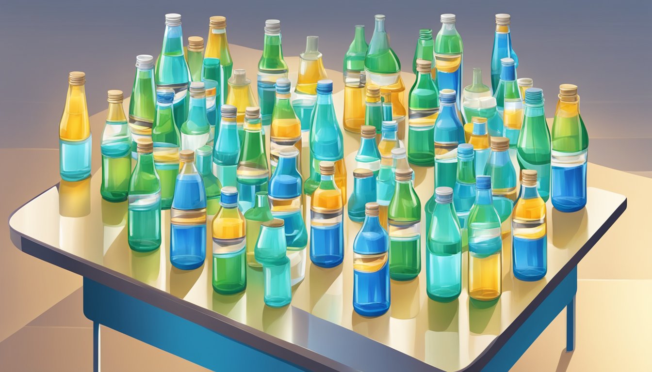 A table with multiple bottles of Superieur Electrolytes, surrounded by empty glasses and overflowing with the drink