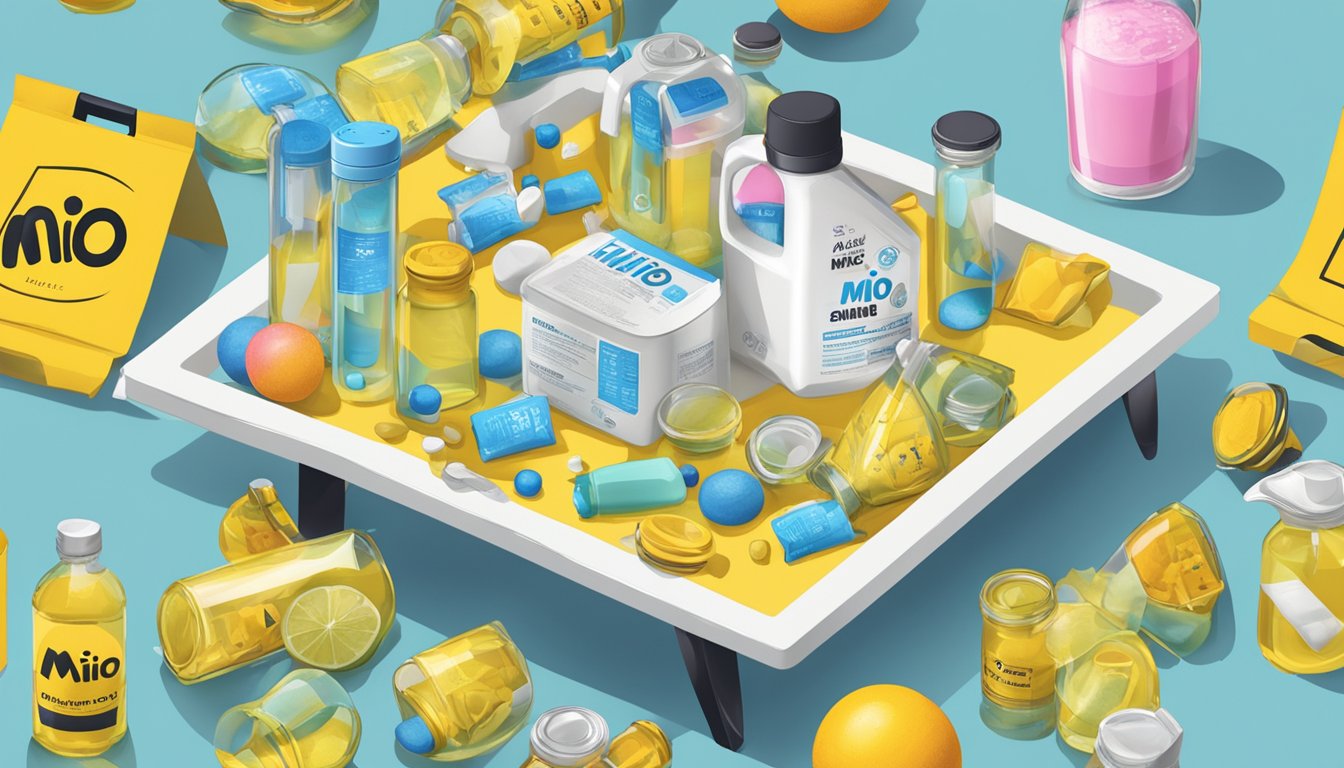 A table with multiple bottles of Mio liquid enhancer, some overturned, surrounded by caution signs and a measuring cup overflowing with the enhancer