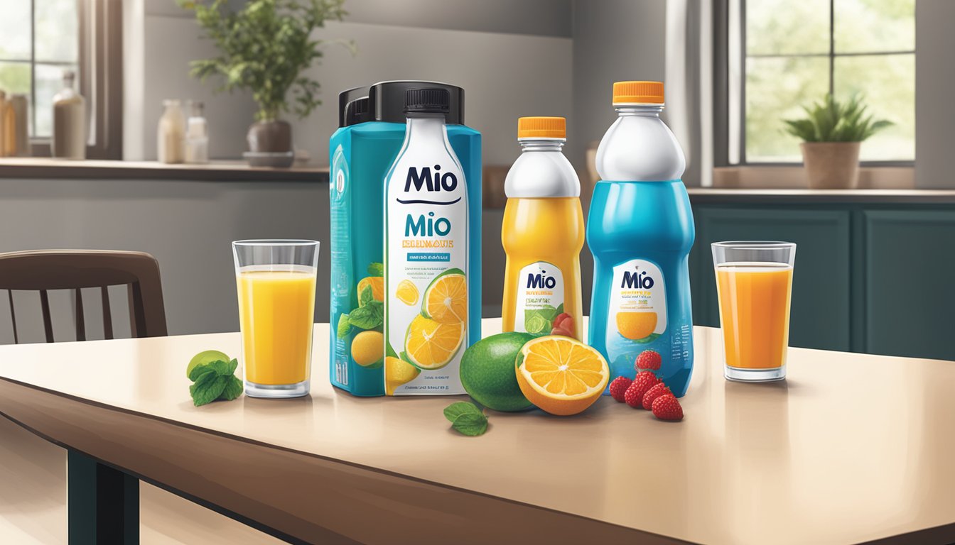 A table with various beverages, including water and juice, next to multiple bottles of Mio liquid enhancer