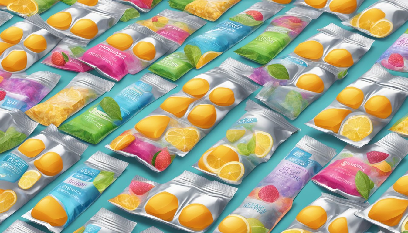 A table covered with various flavors of nectar hydration packets, some opened and scattered, others stacked neatly in rows