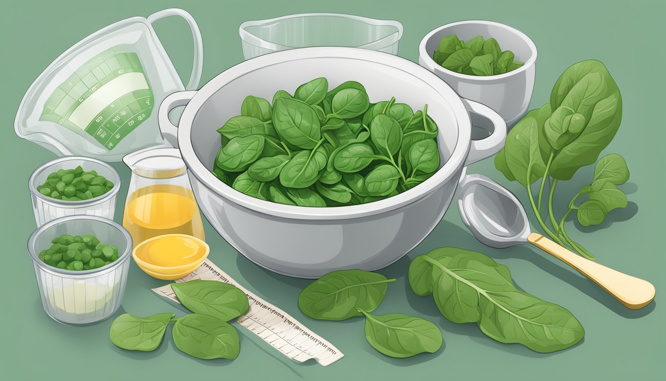 A bowl of fresh spinach leaves surrounded by measuring cups and a nutrition label