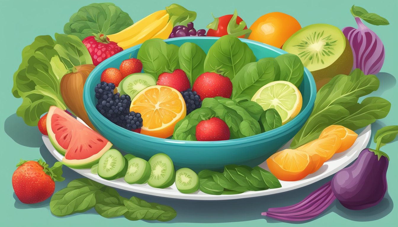 A colorful plate with a variety of foods, including a generous serving of fresh spinach, surrounded by vibrant fruits and vegetables