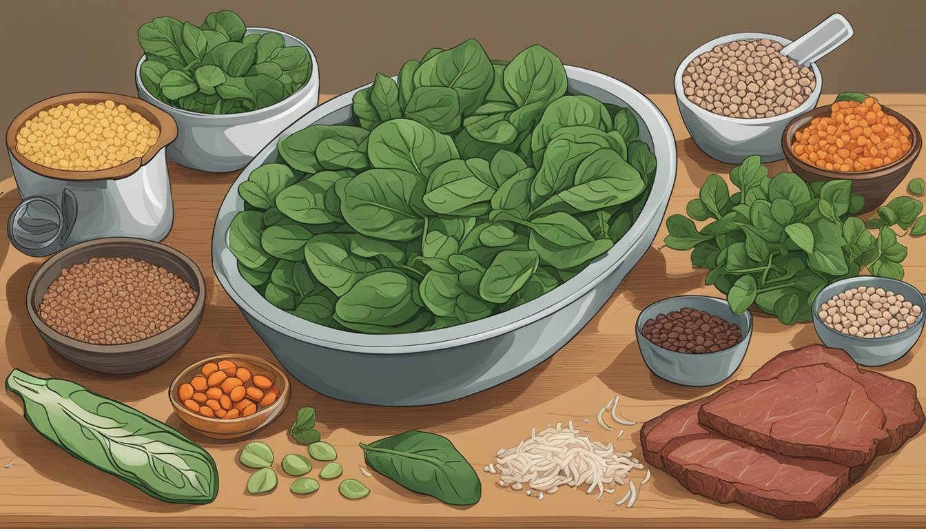 A bowl of fresh spinach leaves surrounded by various sources of iron, such as red meat and legumes, with a measuring cup indicating the recommended serving size