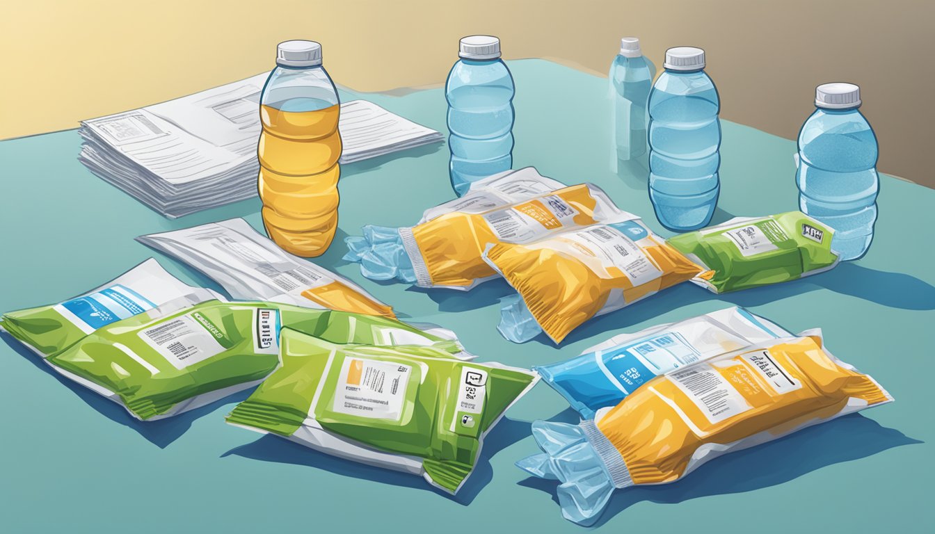 A table with multiple open nectar hydration packets stacked on top of each other, surrounded by empty water bottles and a crumpled-up instruction sheet