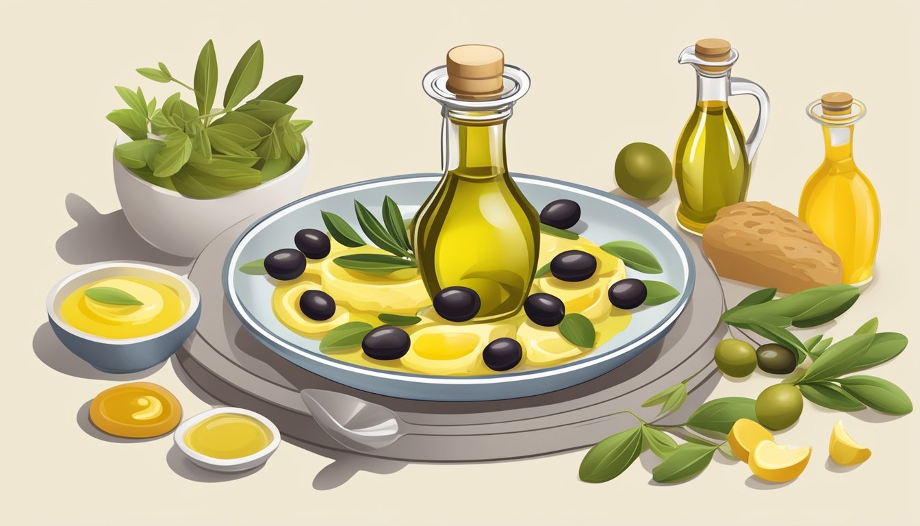 A bottle of olive oil surrounded by various healthy food items, with a measuring spoon pouring a moderate amount into a dish