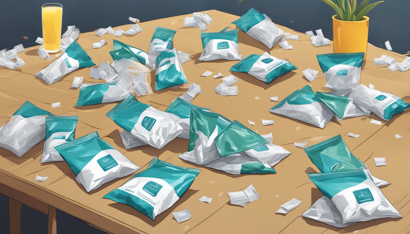 A table with multiple opened and empty nectar hydration packets scattered around, with a few unopened packets in the background