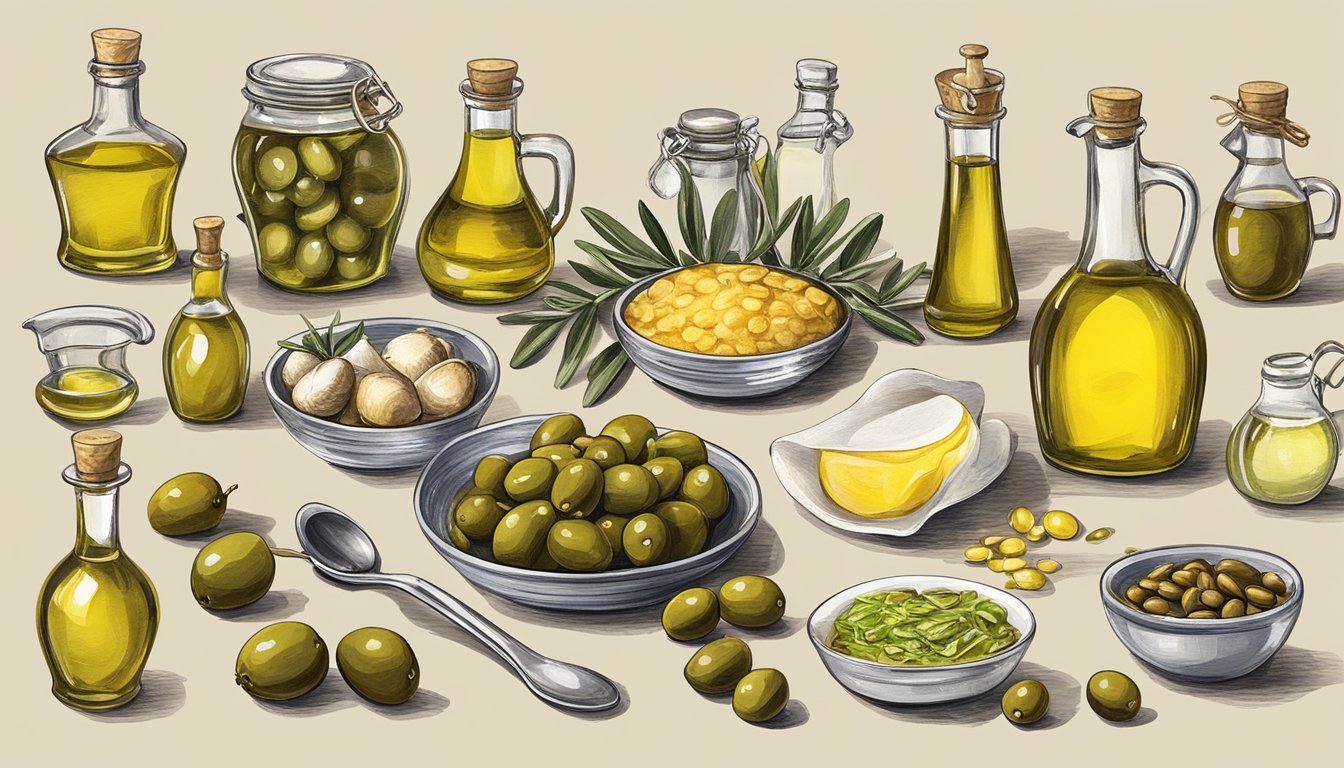 A bottle of olive oil surrounded by various foods and a measuring spoon