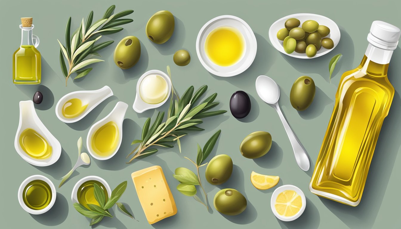 A bottle of olive oil surrounded by various foods in moderate portions, with a measuring spoon nearby