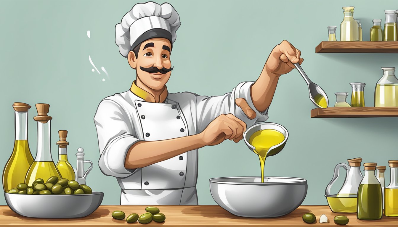 A chef pouring a moderate amount of olive oil into a measuring spoon