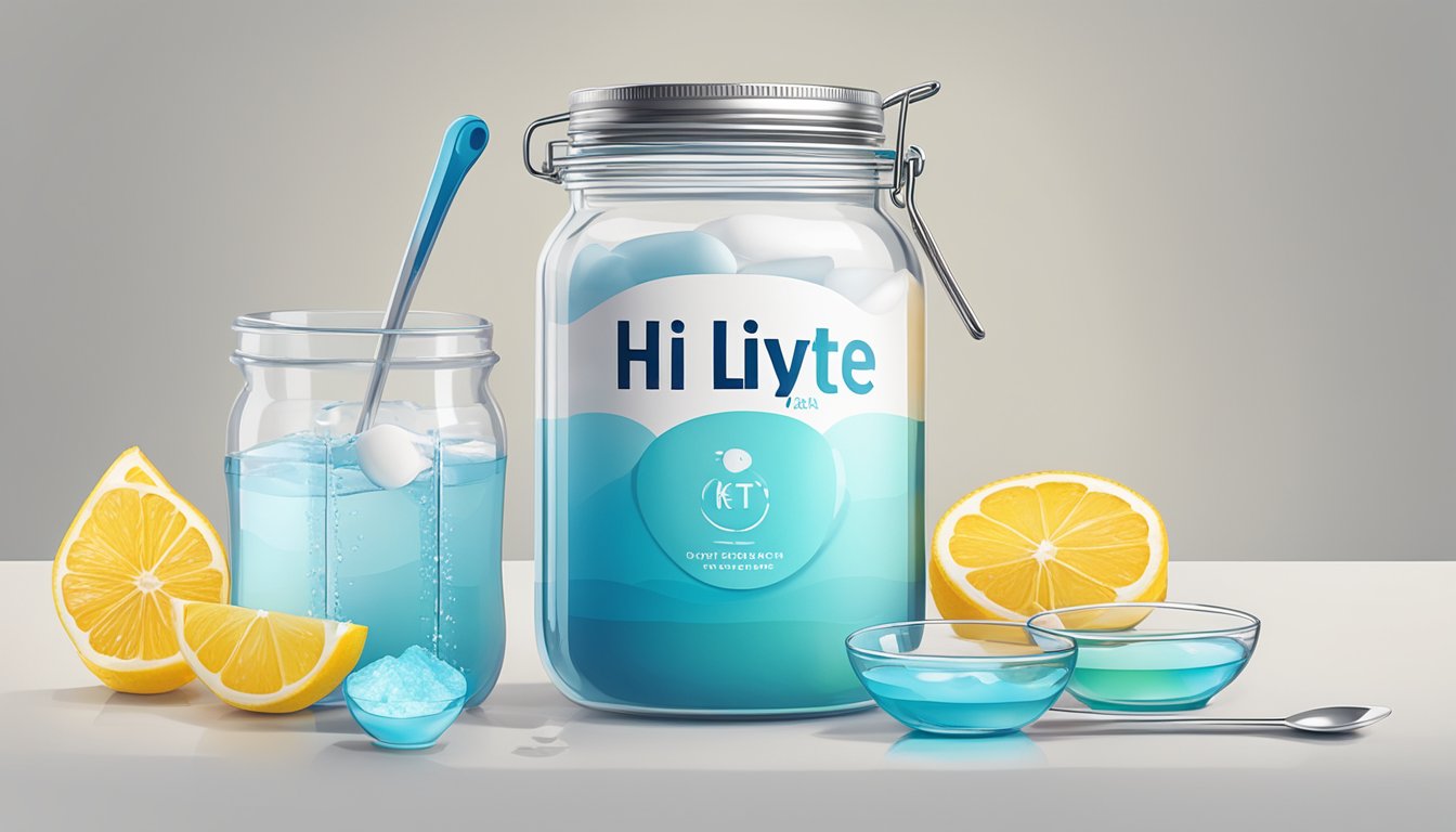 A jar of hi lyte keto electrolyte powder with a measuring spoon next to it, surrounded by various sized glasses filled with water