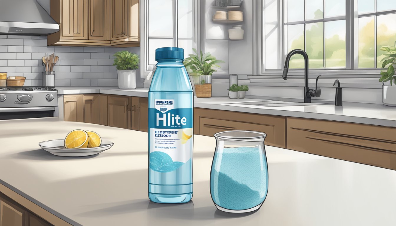 A kitchen counter with multiple empty and partially filled scoops of hi lyte keto electrolyte powder next to a glass of water