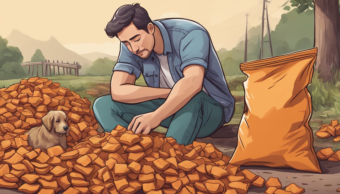 A pile of Caledon Farms sweet potato chews spilling out of a bag, with a concerned pet owner looking at the excessive amount