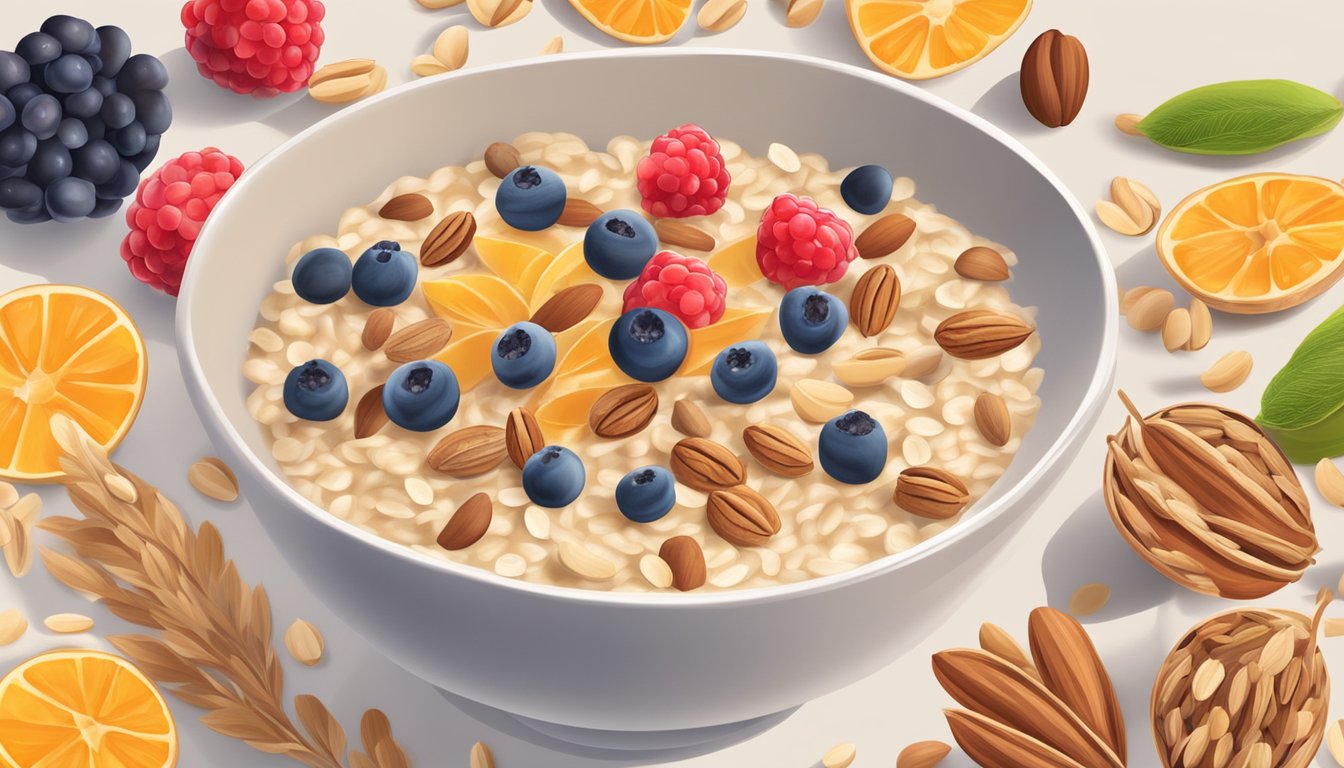 A bowl of oatmeal overflowing with oats, surrounded by a variety of fiber-rich fruits and nuts