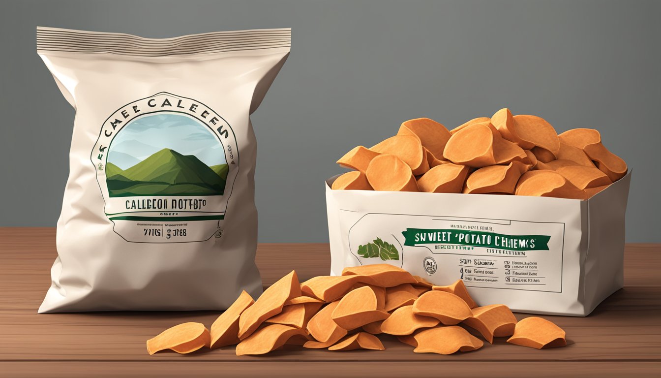 A pile of Caledon Farms sweet potato chews spilling out of a large, overturned bag, with a serving size recommendation label nearby