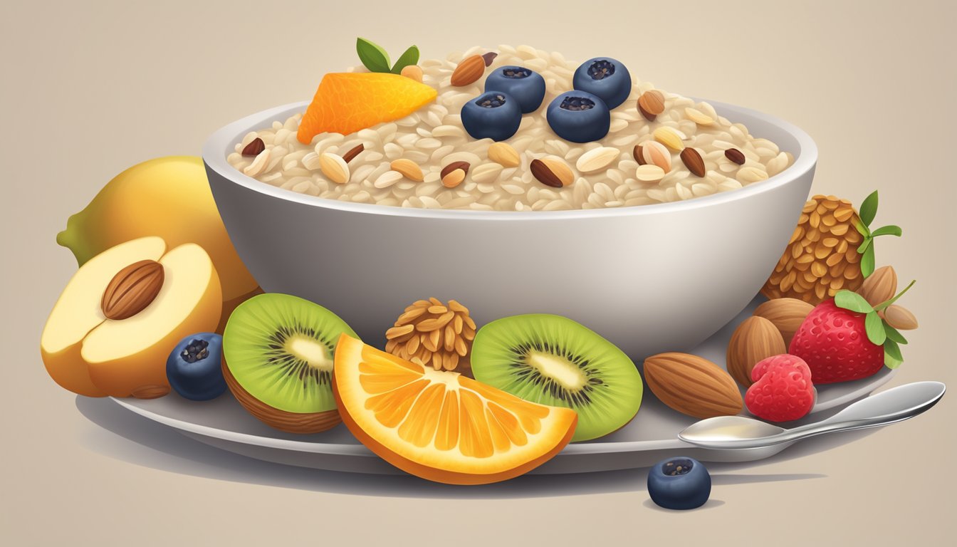 A bowl of oatmeal with a spoon, surrounded by a variety of high-fiber fruits and nuts