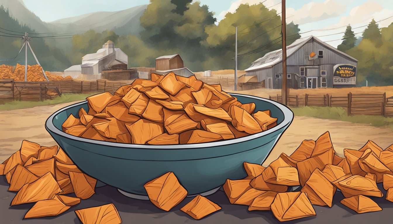 A pile of Caledon Farms sweet potato chews spilling out of an overflowing bowl, with caution signs in the background