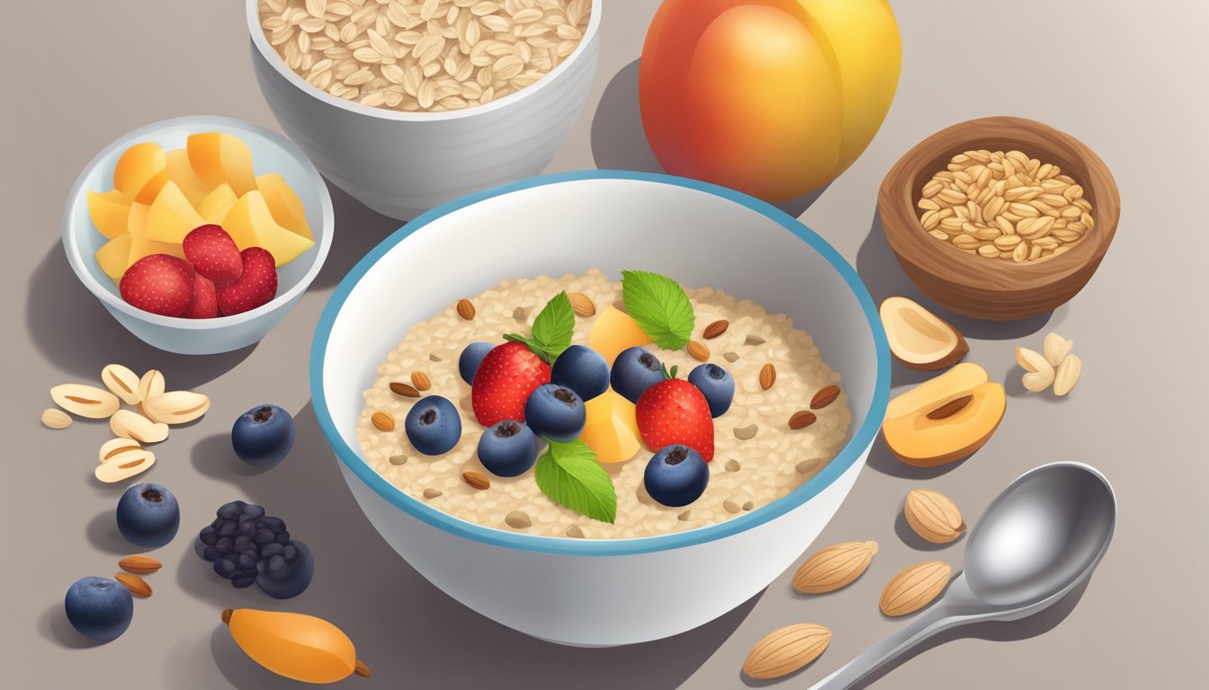 A bowl of oatmeal overflowing with colorful fruits and nuts, surrounded by a measuring cup filled with a recommended daily amount of oatmeal for fiber