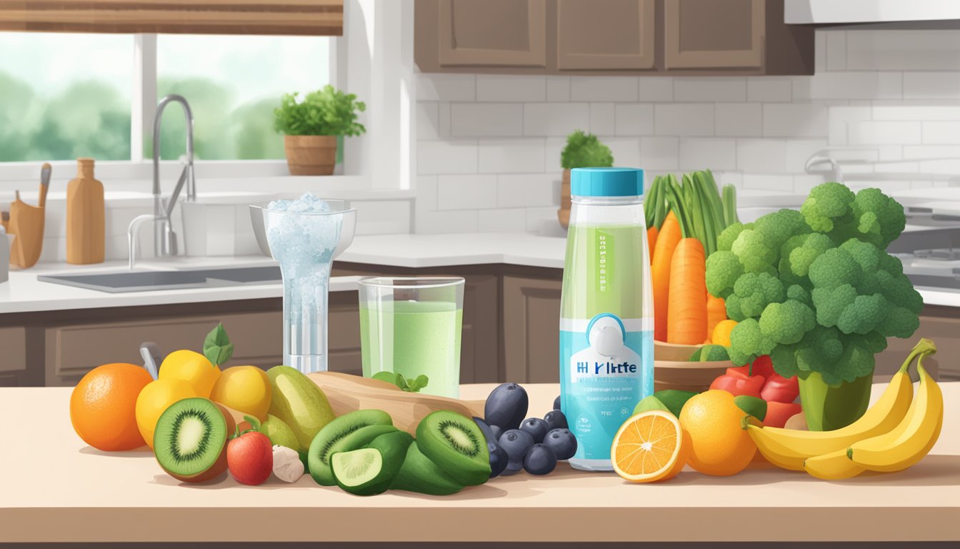 A kitchen counter with a scoop of hi lyte keto electrolyte powder next to a glass of water, surrounded by various fruits and vegetables