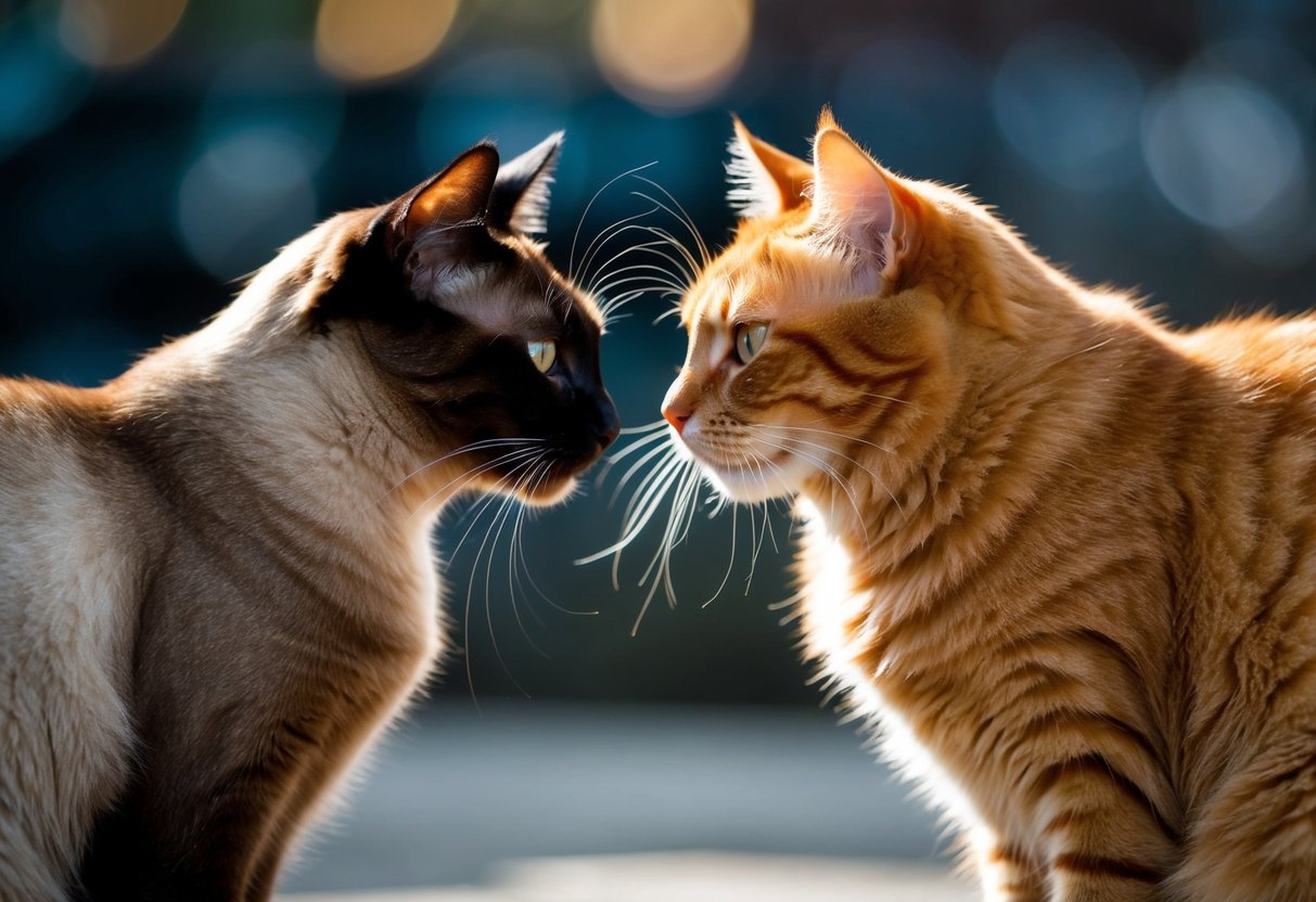 Two cats face off, a sleek Siamese and a fluffy orange tabby, their tails twitching as they size each other up