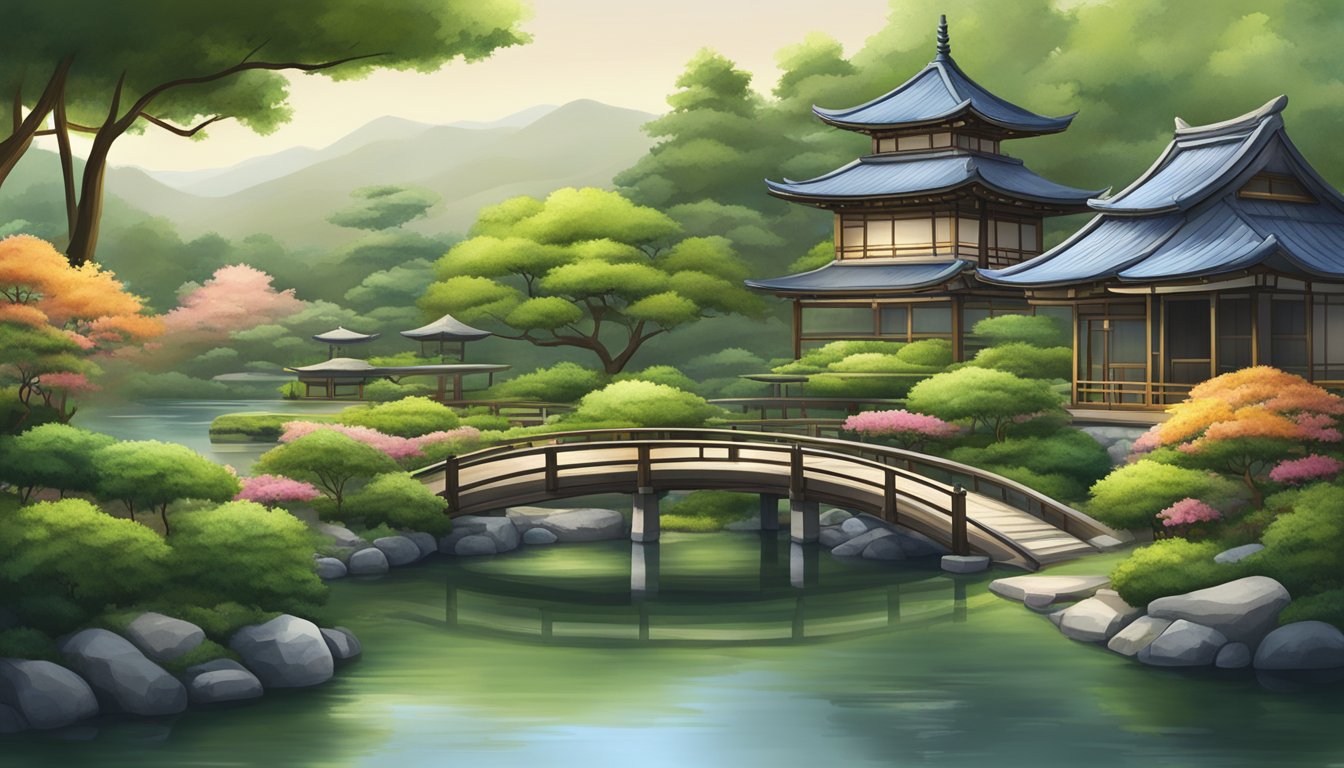 A serene Japanese garden with a traditional teahouse, surrounded by lush green tea plants and a tranquil pond