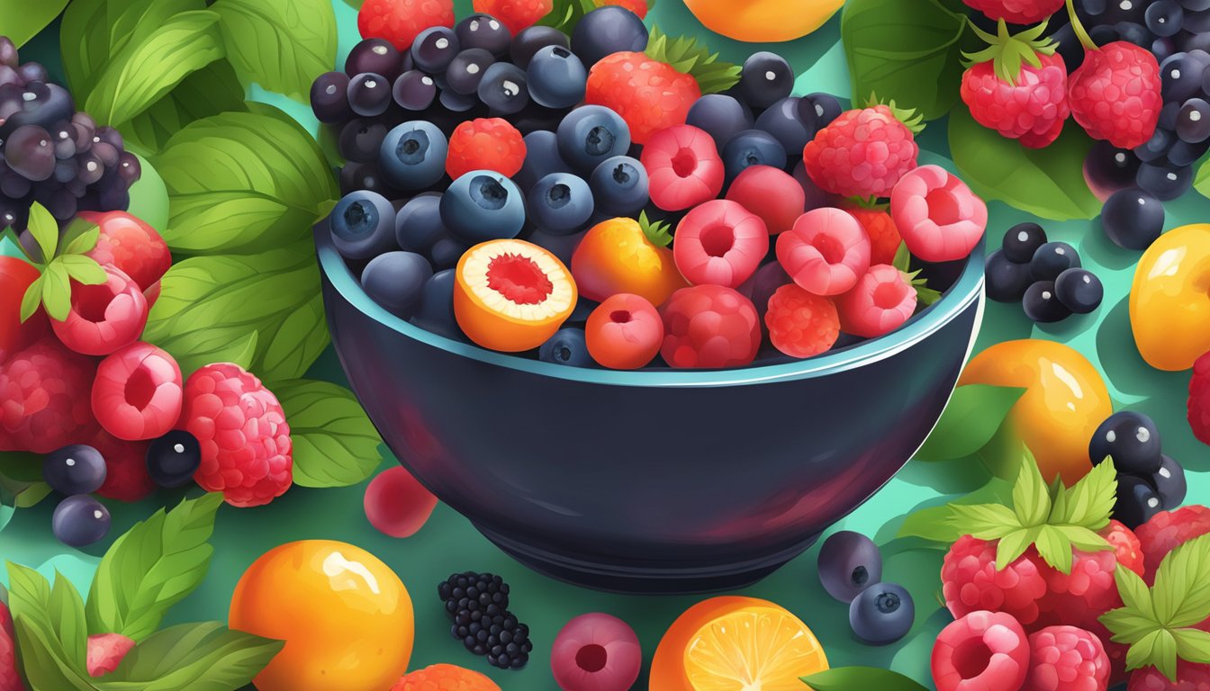 A bowl overflowing with a colorful assortment of berries, surrounded by vibrant green leaves and a scattering of antioxidant-rich fruits