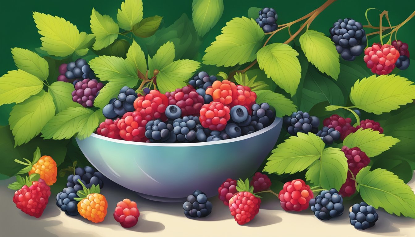 A bowl of mixed berries overflowing with vibrant colors, nestled in a bed of green leaves, with a scattering of smaller berries nearby