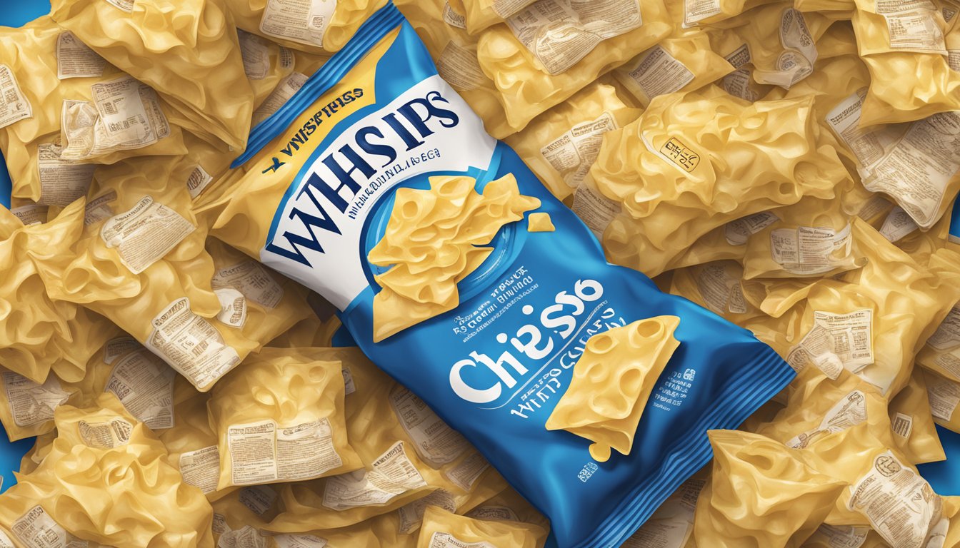 A pile of empty Whisps cheese crisp bags towering over a crumpled nutrition label