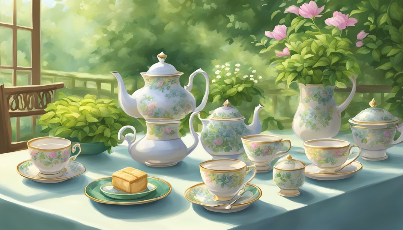 A serene, sunlit garden with a table set for a tea party, surrounded by lush greenery and delicate teacups filled with steaming green tea