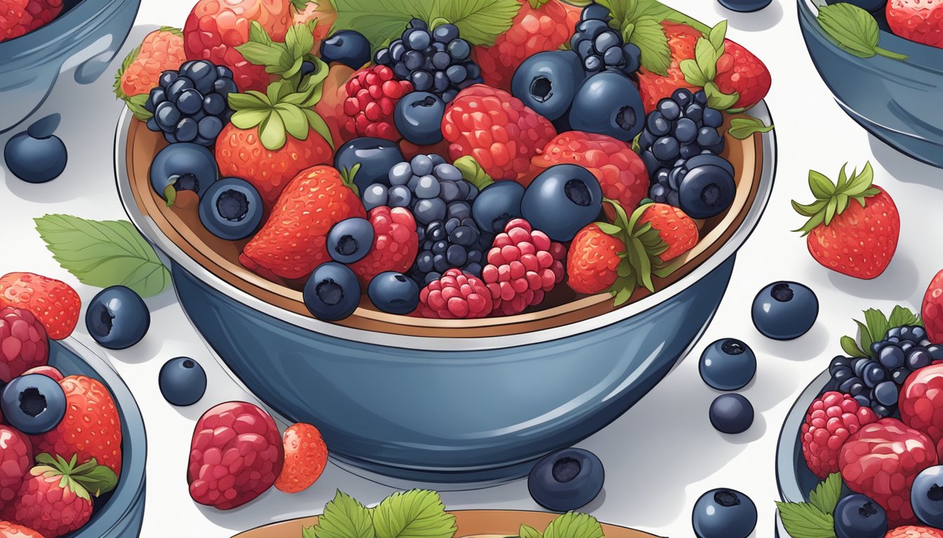 A bowl filled with a variety of fresh berries, including strawberries, blueberries, and raspberries, arranged in an appealing and appetizing manner