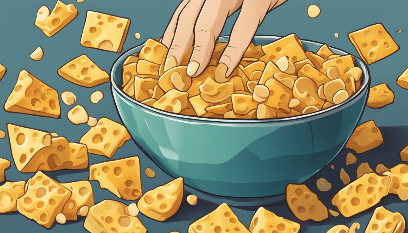 A pile of Whisps cheese crisps overflowing from a bowl, with a hand reaching for more