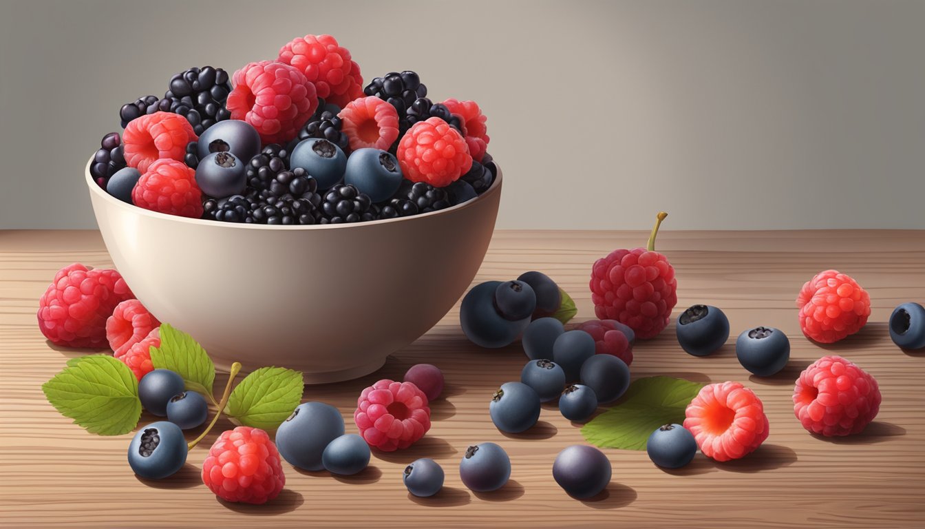 A bowl of mixed berries overflowing on a wooden table, surrounded by scattered berries and a measuring cup