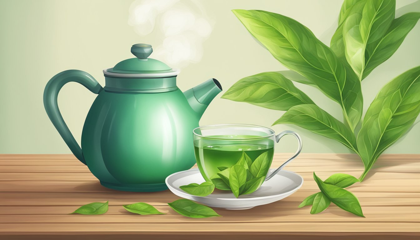 A steaming cup of green tea surrounded by fresh tea leaves and a kettle on a wooden table