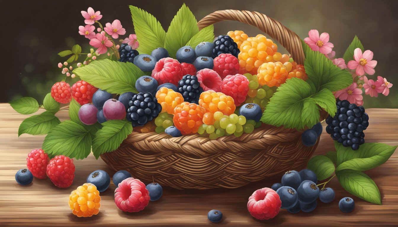 A colorful assortment of berries spills out of a woven basket onto a rustic wooden table, surrounded by lush green leaves and delicate blossoms