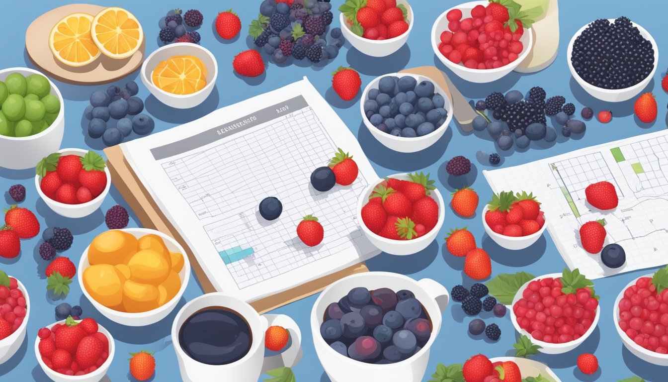 A table with various types of berries in cups, surrounded by research papers and charts on antioxidant intake