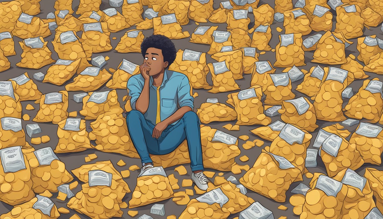 A person surrounded by empty bags of whisps cheese crisps, with a pile of them in front and a look of discomfort on their face