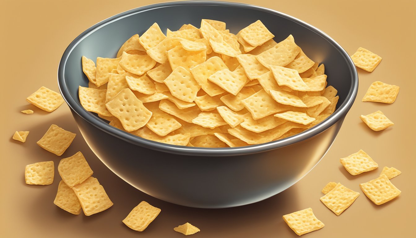 A bowl overflowing with Whisps cheese crisps, scattered on a table