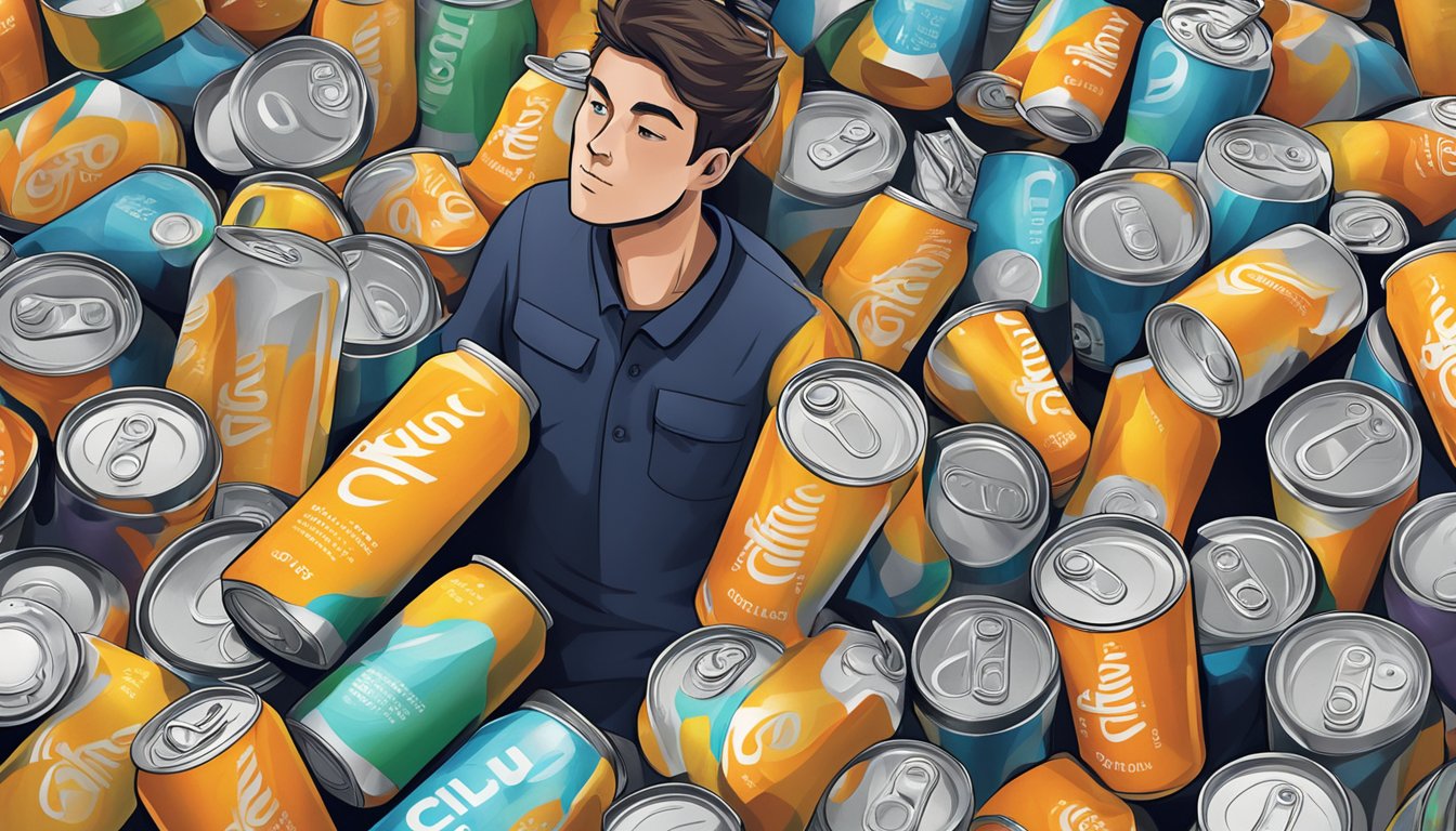 A person surrounded by empty cans of Celsius energy drink, looking unwell