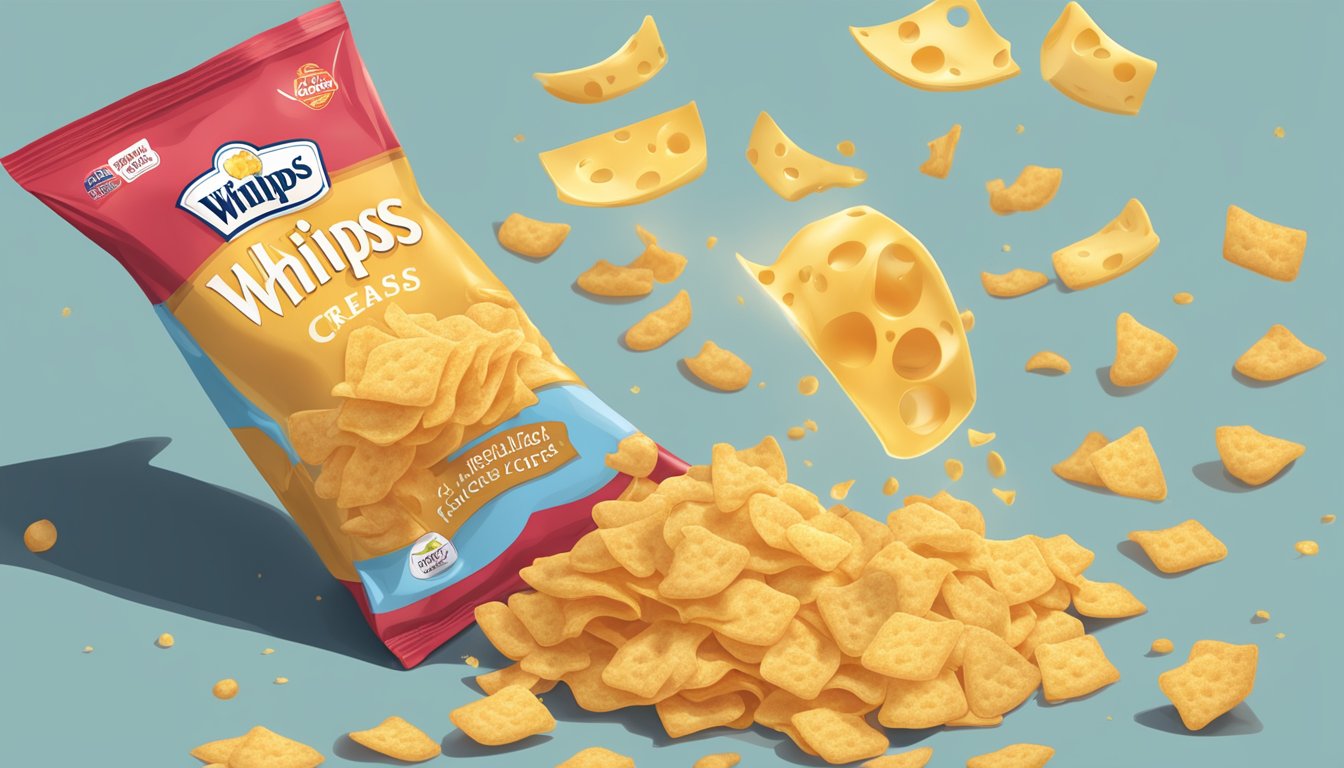 A pile of Whisps cheese crisps spilling out of a bag, with a serving size labeled nearby