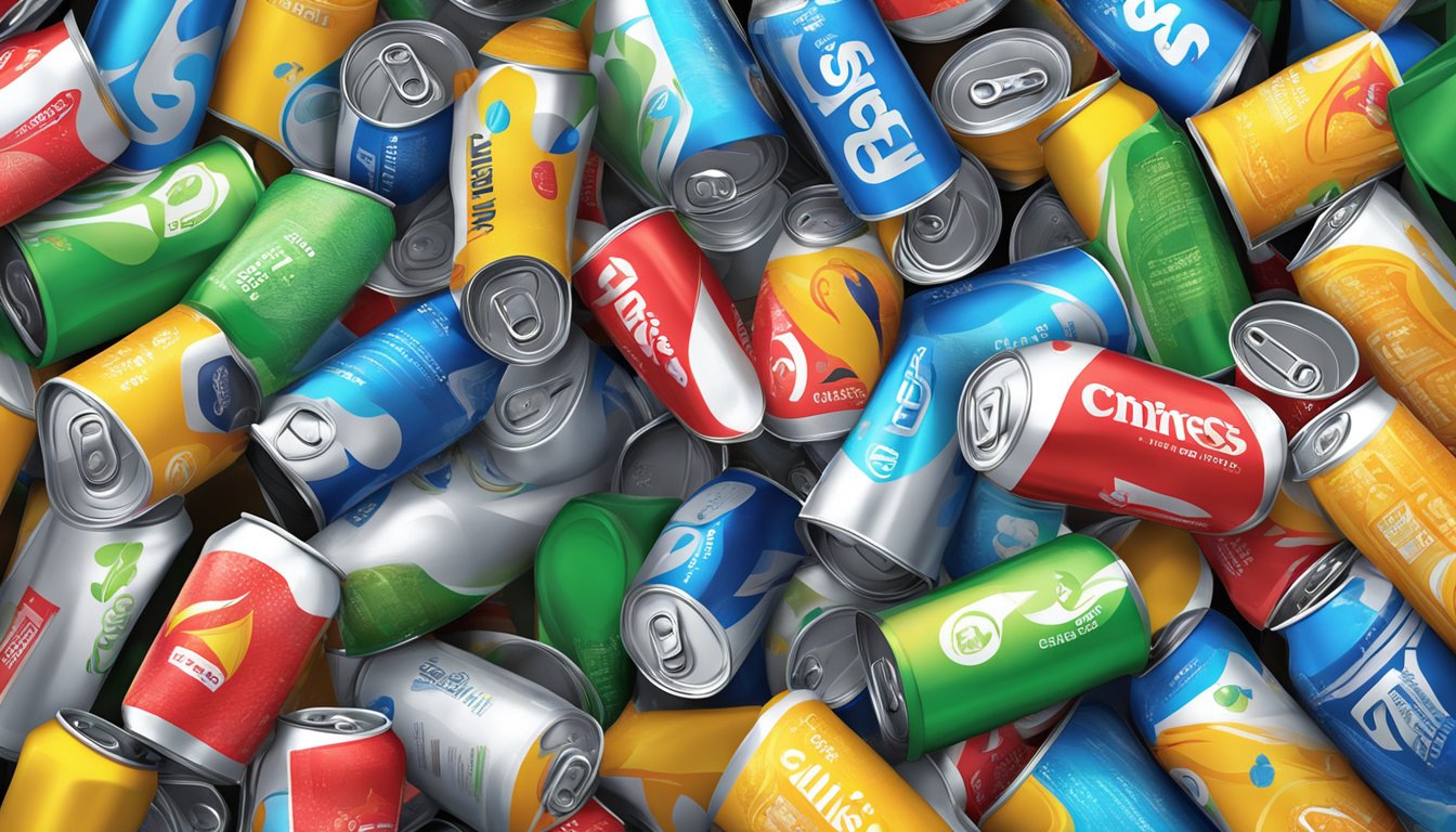 A pile of empty Celsius energy drink cans overflowing from a recycling bin, surrounded by discarded bottles of other energy drinks