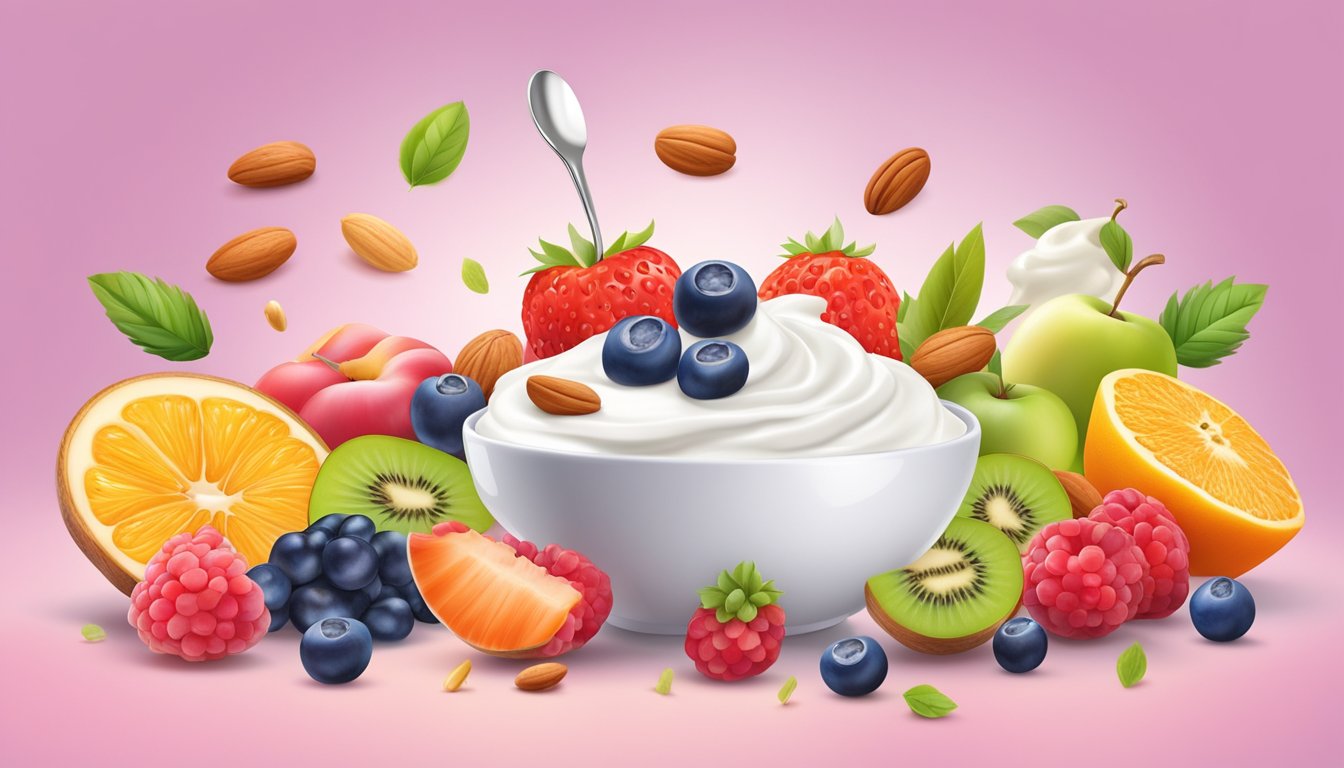 A spoonful of yogurt surrounded by a variety of colorful fruits and nuts, with a background of a vibrant and healthy digestive system