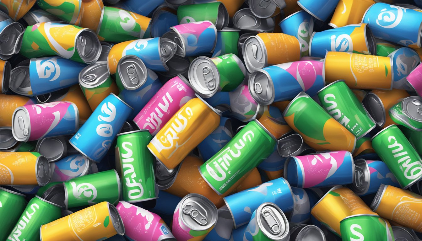 A pile of empty Celsius energy drink cans stacked high, overflowing from a trash bin, surrounded by scattered cans on the ground