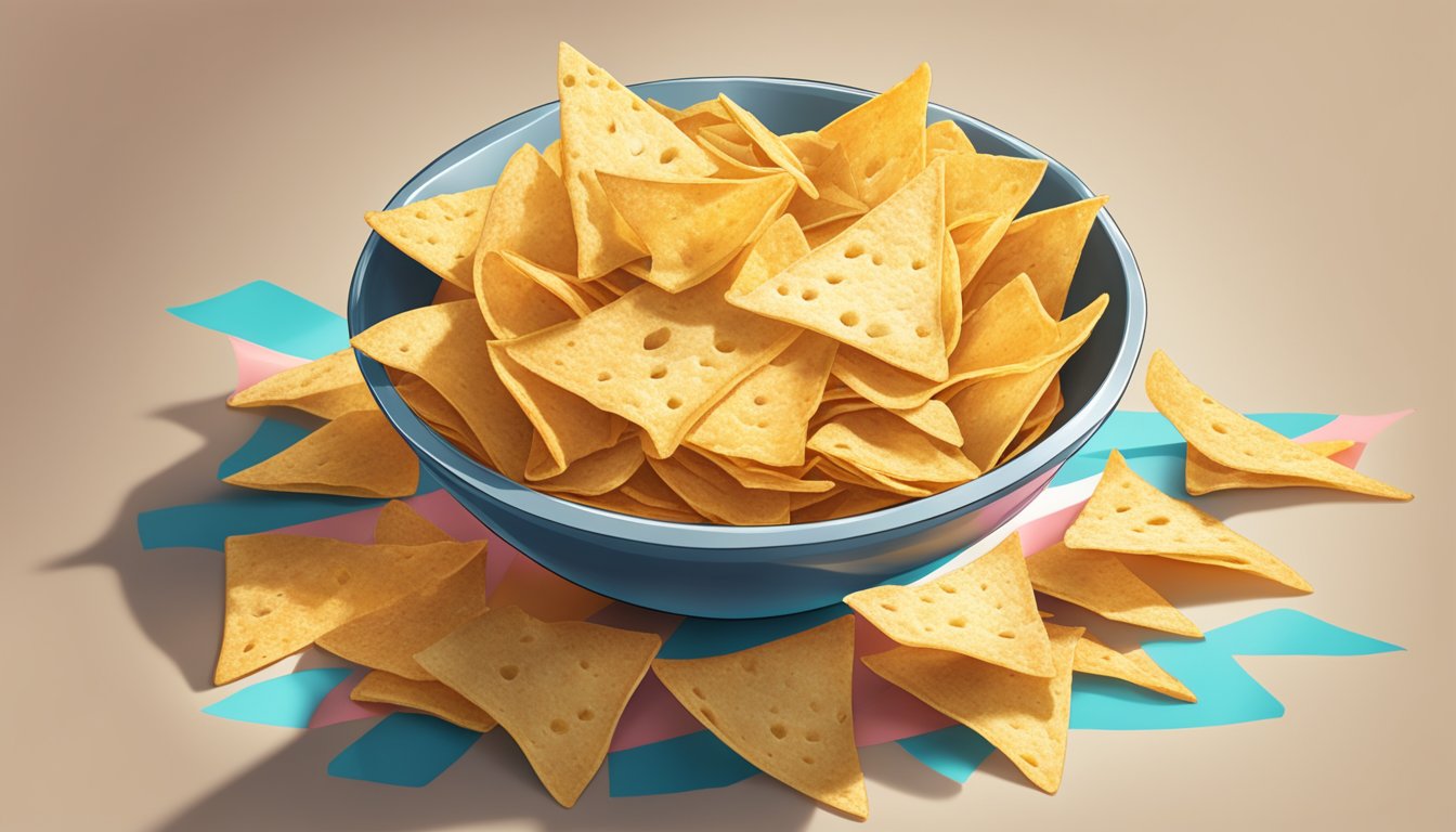 A bowl overflowing with siete tortilla chips, spilling onto the table