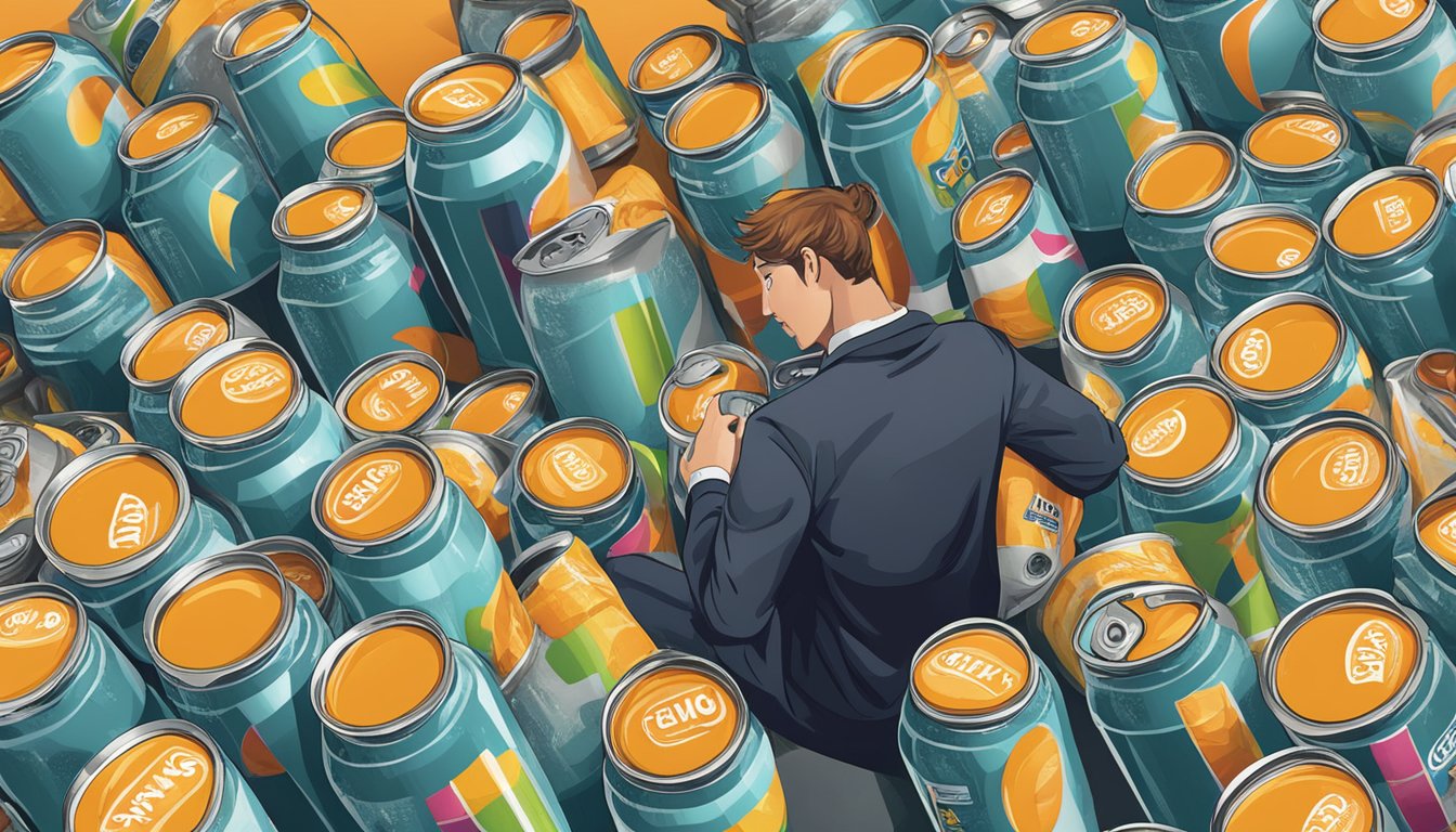 A table with multiple open cans of Celsius energy drink, surrounded by scattered empty cans and a person looking unwell