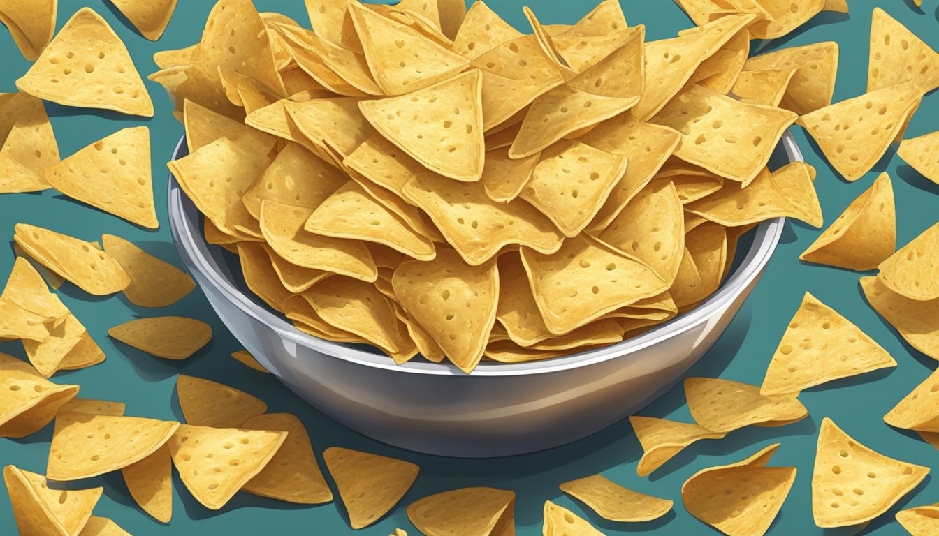 A pile of Siete tortilla chips spilling out of a large, overflowing bowl onto a table