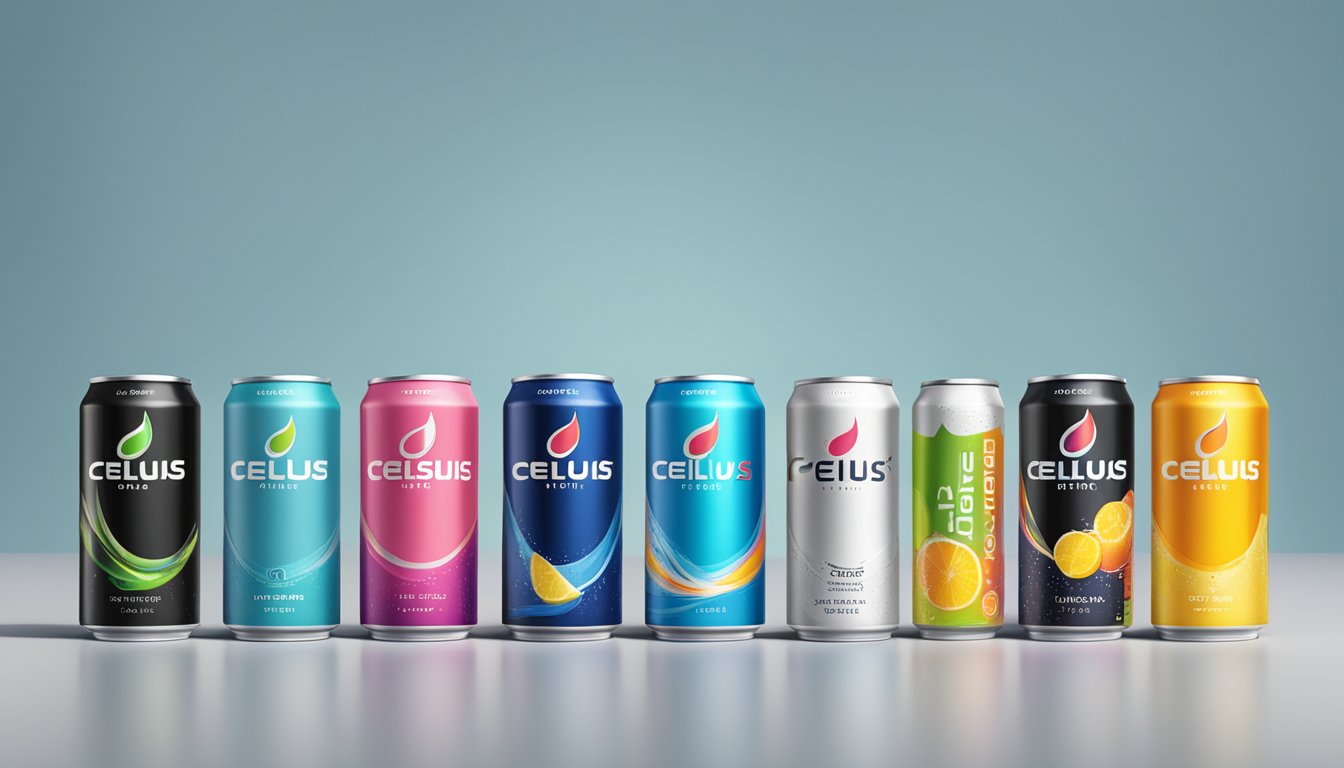 A table with multiple flavors of Celsius energy drinks, surrounded by empty cans