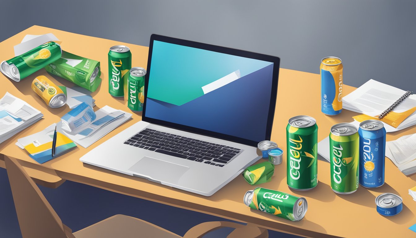 A person's desk cluttered with empty cans of Celsius energy drink, surrounded by scattered papers and a laptop