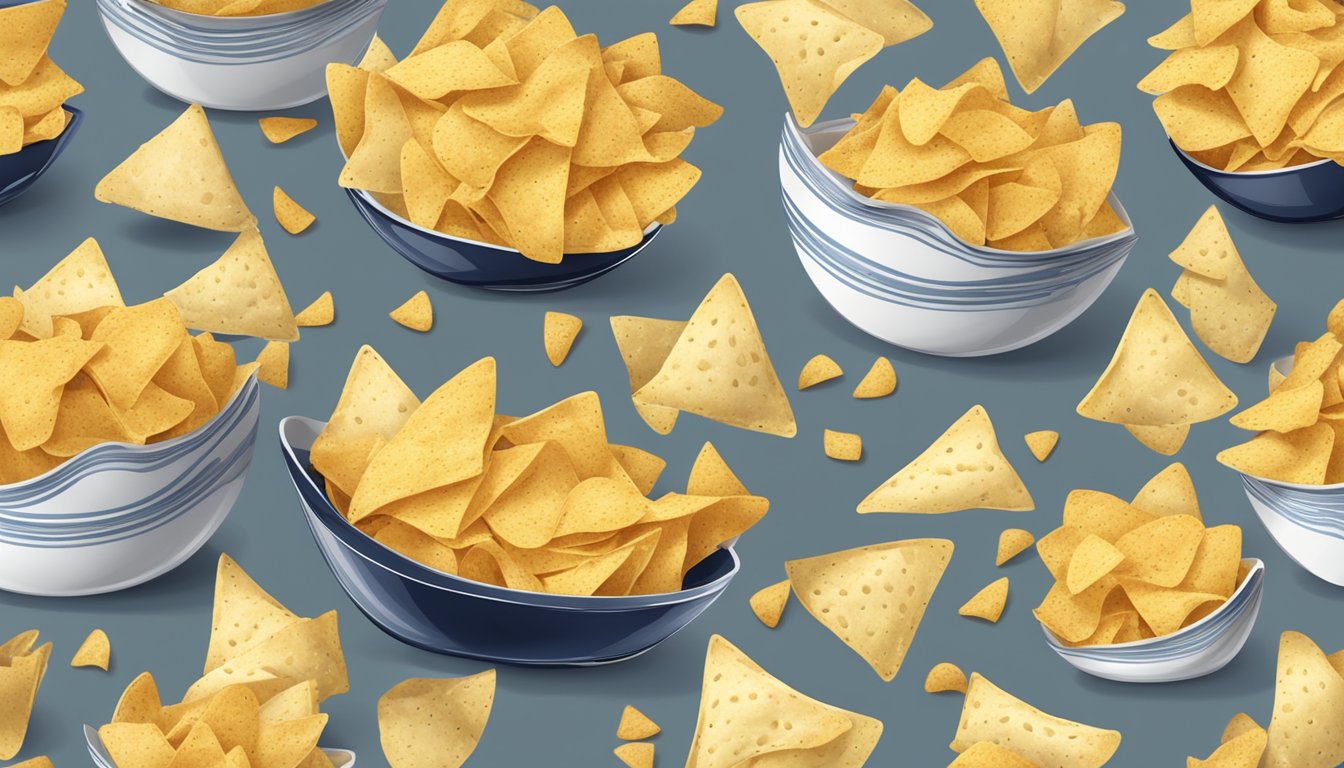 A pile of empty siete tortilla chip bags surrounded by discarded chip crumbs and a large, overflowing bowl of chips